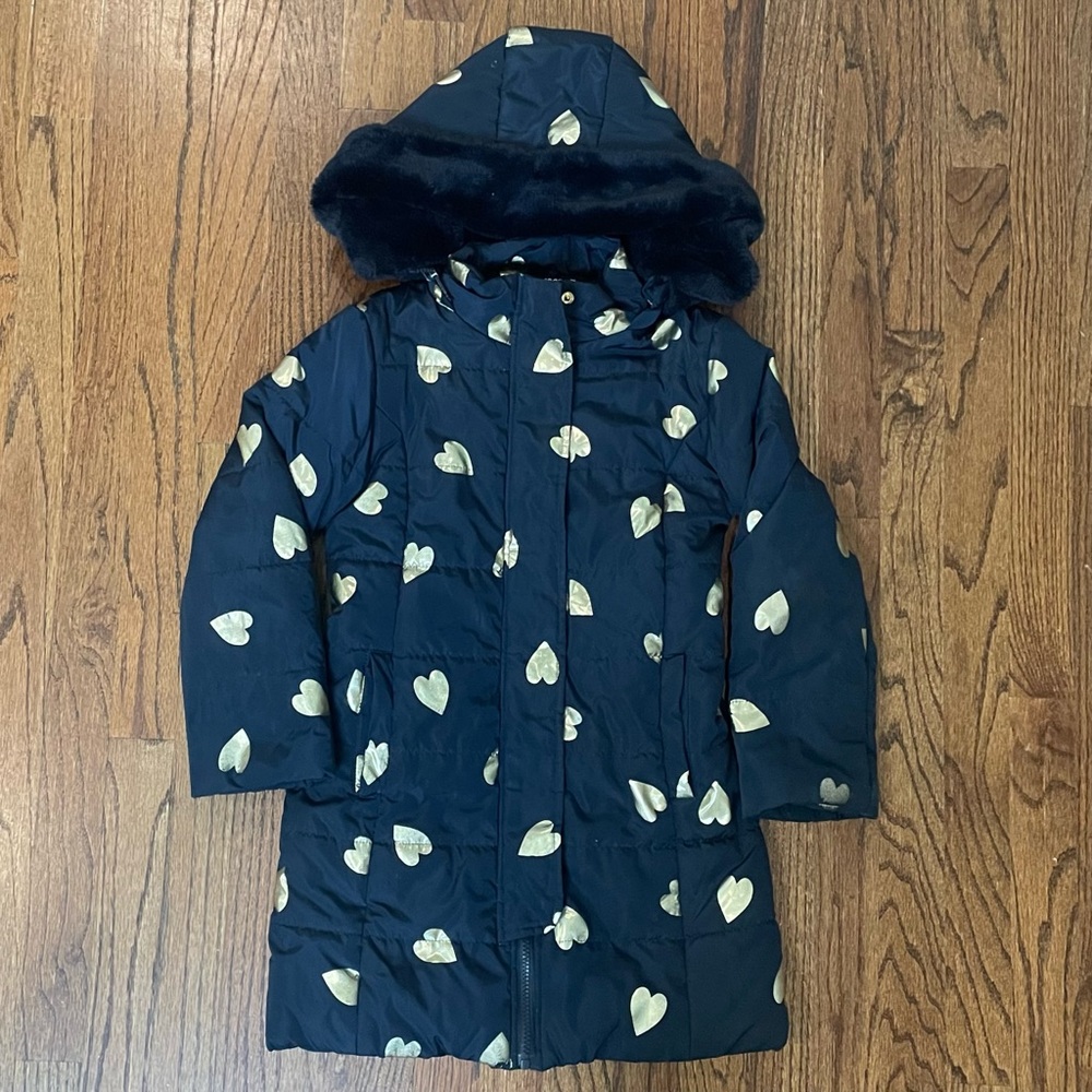 Imoga girls winter coat, navy with gold hearts, size 8